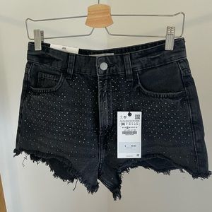 Zara black studded rhinestone high waisted cut off jean shorts festival